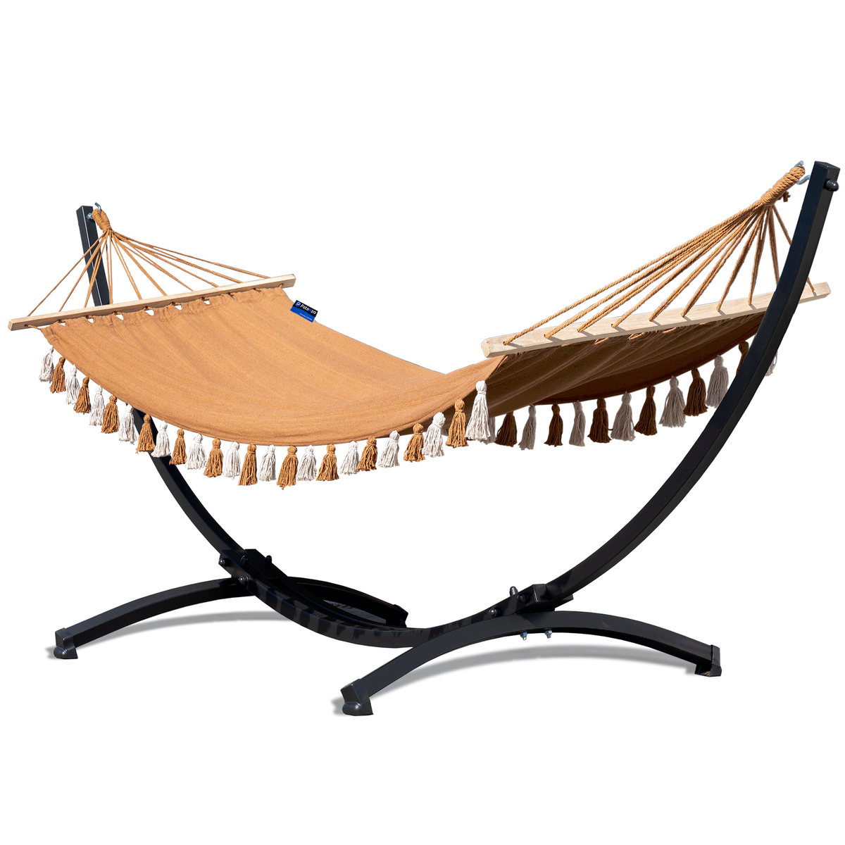 Hamac à pompons caramel sur support acier 300