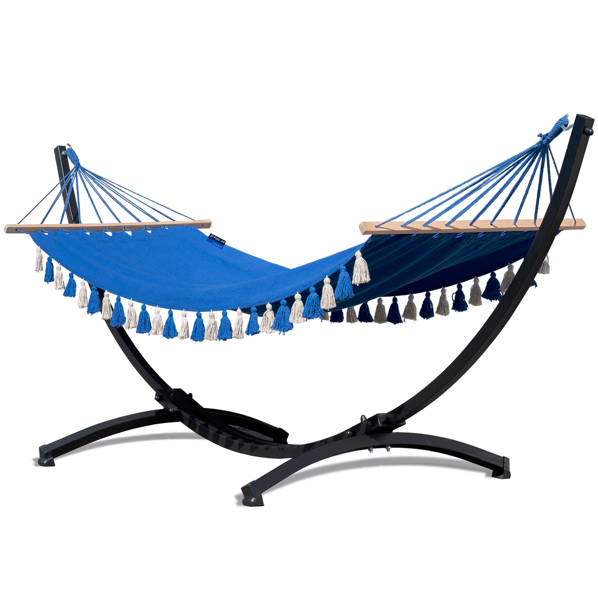 Hamac à pompons bleu sur support acier 300