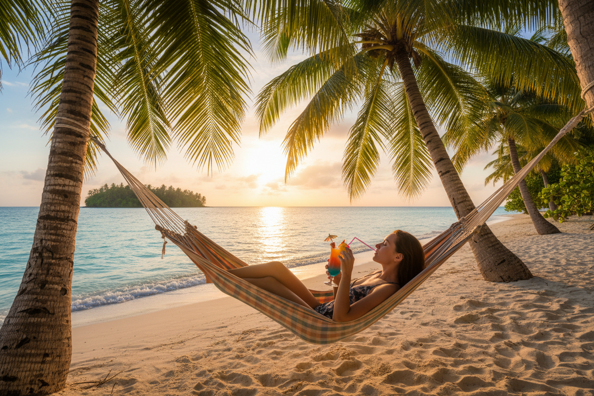 Femme détendue dans un hamac en coton sur une plage bordée de palmiers